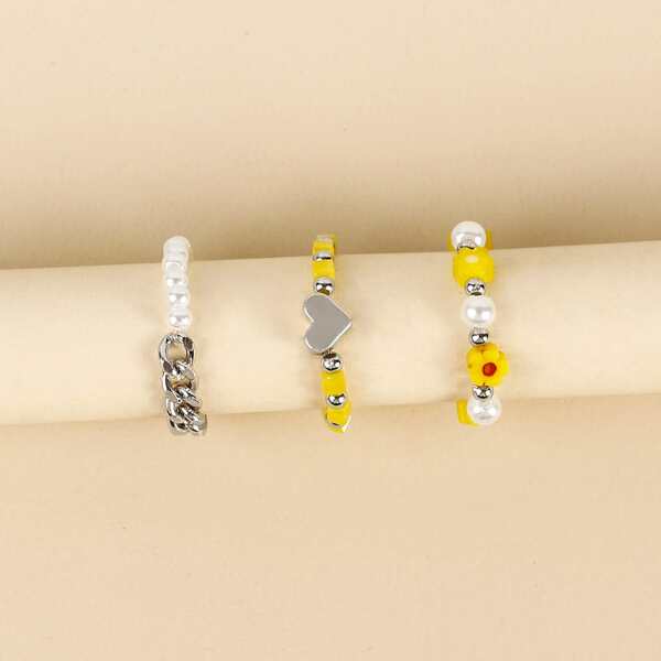 

3pcs Heart & Flower Decor Beaded Ring, Yellow