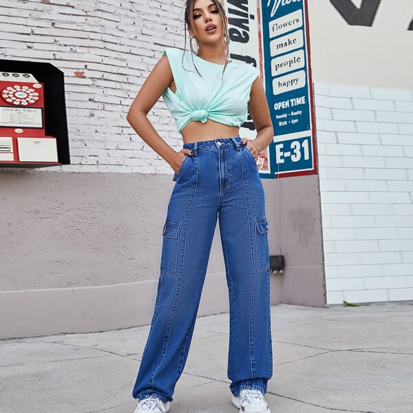 

High Waist Cargo Jeans, Dark wash