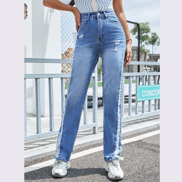 

High Waist Ripped Straight Jeans, Light wash