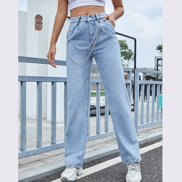 

Straight Leg Jeans With Chain, Light wash