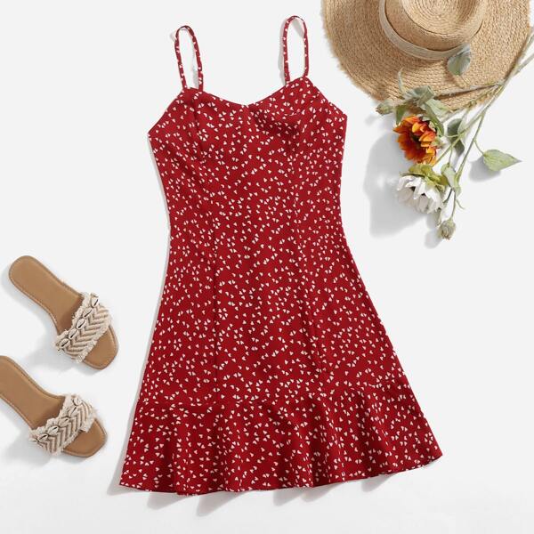 

Heart Print Ruffle Hem Cami Dress, Red