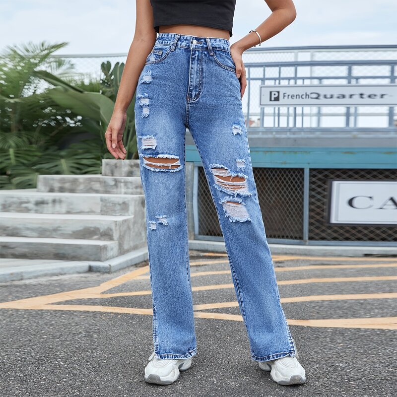 

High Waist Ripped Straight Jeans, Medium wash