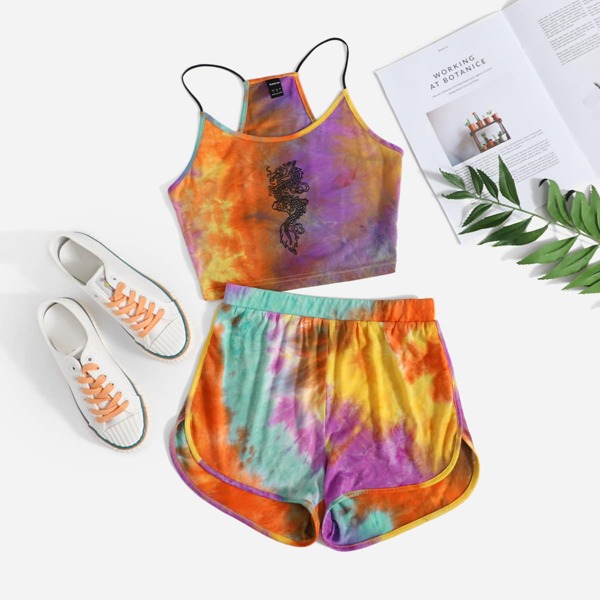 

Tie Dye Chinese Dragon Graphic Cami Top & Track Shorts Set, Multicolor