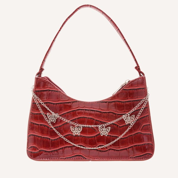 

Chain Decor Croc Embossed Shoulder Bag, Red