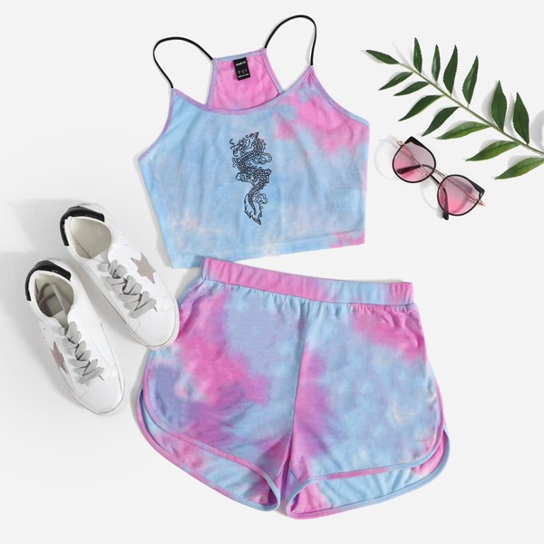 

Tie Dye Chinese Dragon Graphic Cami Top & Track Shorts Set, Multicolor