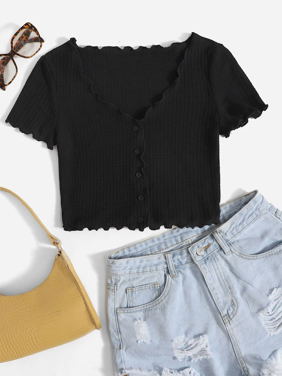 SHEIN EZwear Lettuce Trim Button Front Tee - Black - View 1
