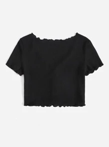 SHEIN EZwear Lettuce Trim Button Front Tee - Black - View 2