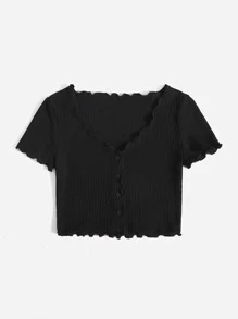 SHEIN EZwear Lettuce Trim Button Front Tee - Black - View 3