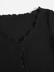SHEIN EZwear Lettuce Trim Button Front Tee - Black - View 4