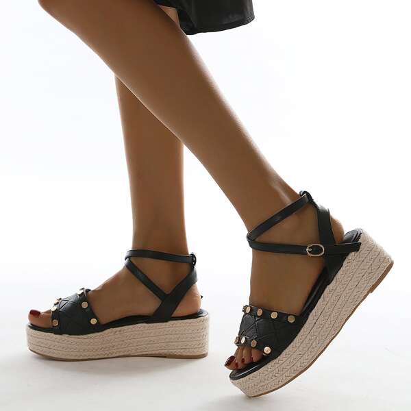 

Studded Decor Espadrille Flatform Sandals, Black