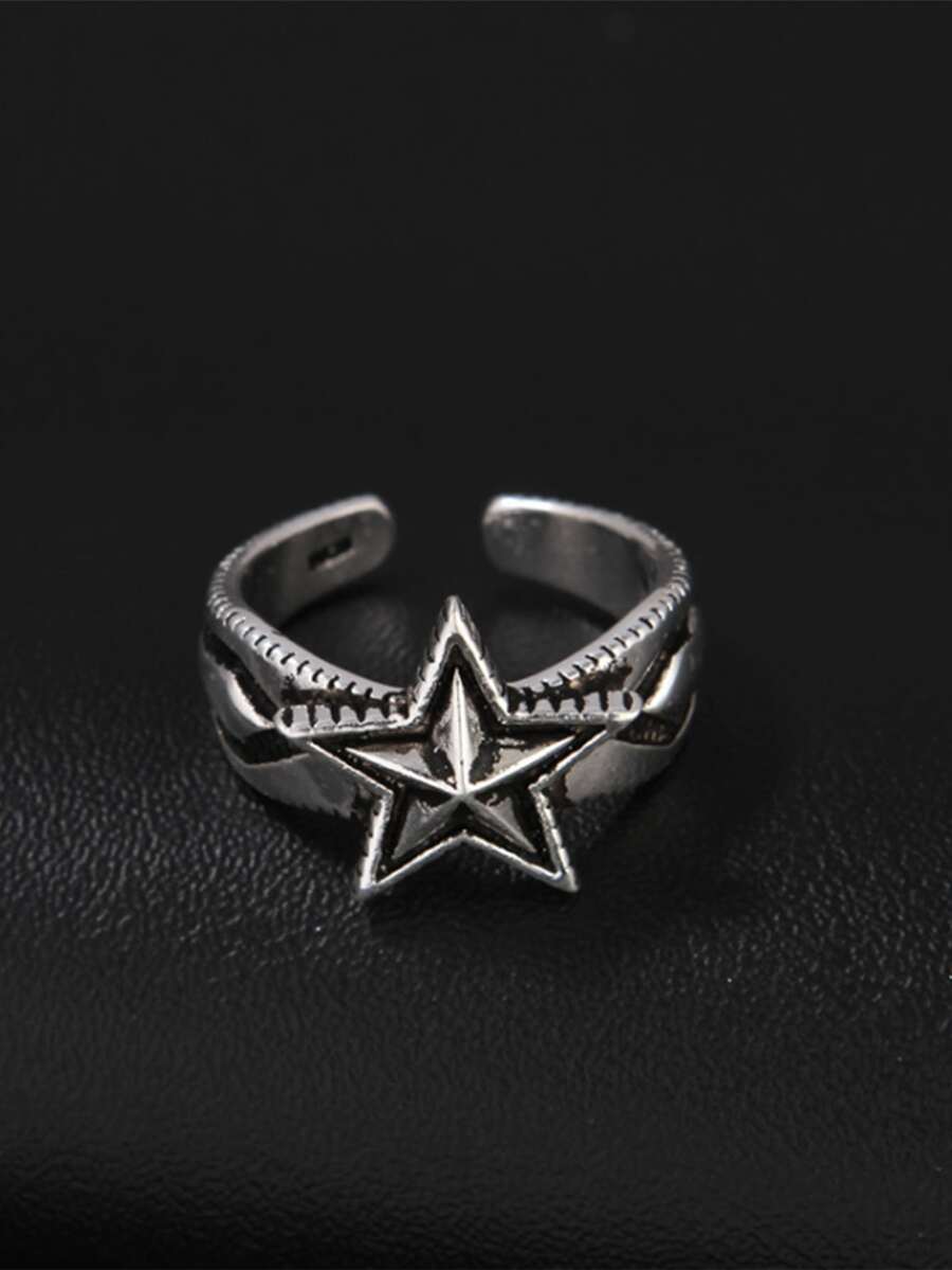 Men Star Decor Cuff Ring - Antique Silver - View 1