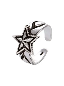 Men Star Decor Cuff Ring - Antique Silver - View 3