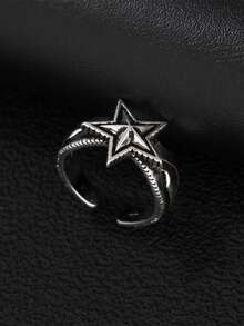 Men Star Decor Cuff Ring - Antique Silver - View 4