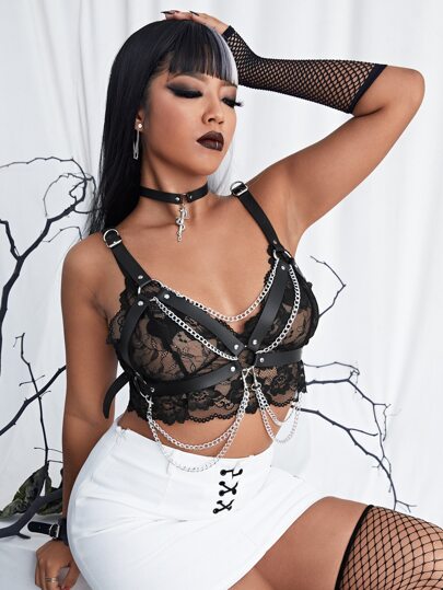 Plus Chain Decor PU Harness Top Without Bralette