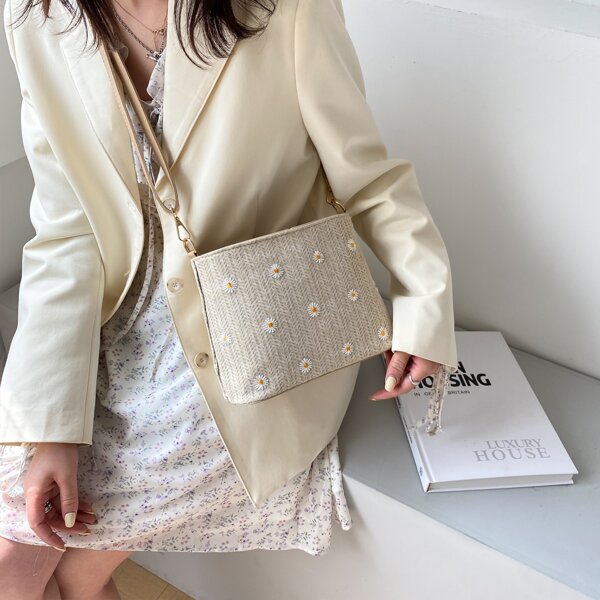 

Floral Graphic Straw Crossbody Bag, Khaki
