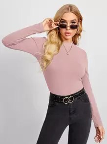 SHEIN BASICS 含棉小高領羅紋針織上衣 - 藕粉色 - 查看 1