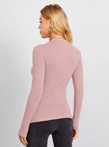 SHEIN BASICS 含棉小高領羅紋針織上衣 - 藕粉色 - 查看 2