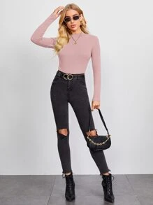 SHEIN BASICS 含棉小高領羅紋針織上衣 - 藕粉色 - 查看 3
