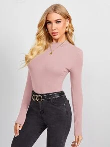 SHEIN BASICS 含棉小高領羅紋針織上衣 - 藕粉色 - 查看 5