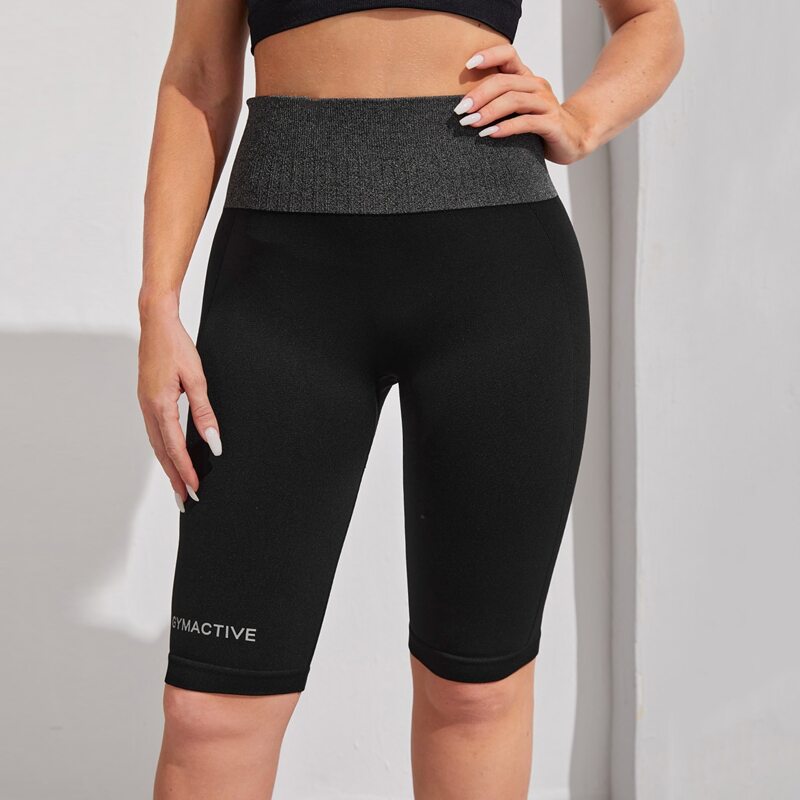 

Wide Waistband Letter Graphic Sports Biker Shorts, Black