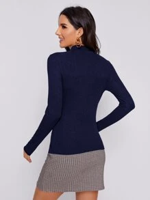 SHEIN BASICS Cotton Mock-Neck Rib-knit Top - Navy Blue - View 2