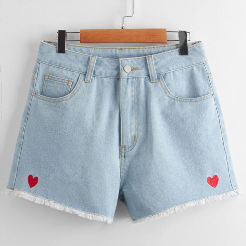 

Distressed Heart Embroidery Denim Shorts, Light wash