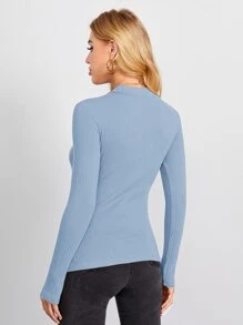 SHEIN BASICS 含棉小高領羅紋針織上衣 - 淺藍色 - 查看 2