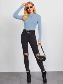 SHEIN BASICS 含棉小高領羅紋針織上衣 - 淺藍色 - 查看 3