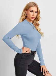 SHEIN BASICS 含棉小高領羅紋針織上衣 - 淺藍色 - 查看 4
