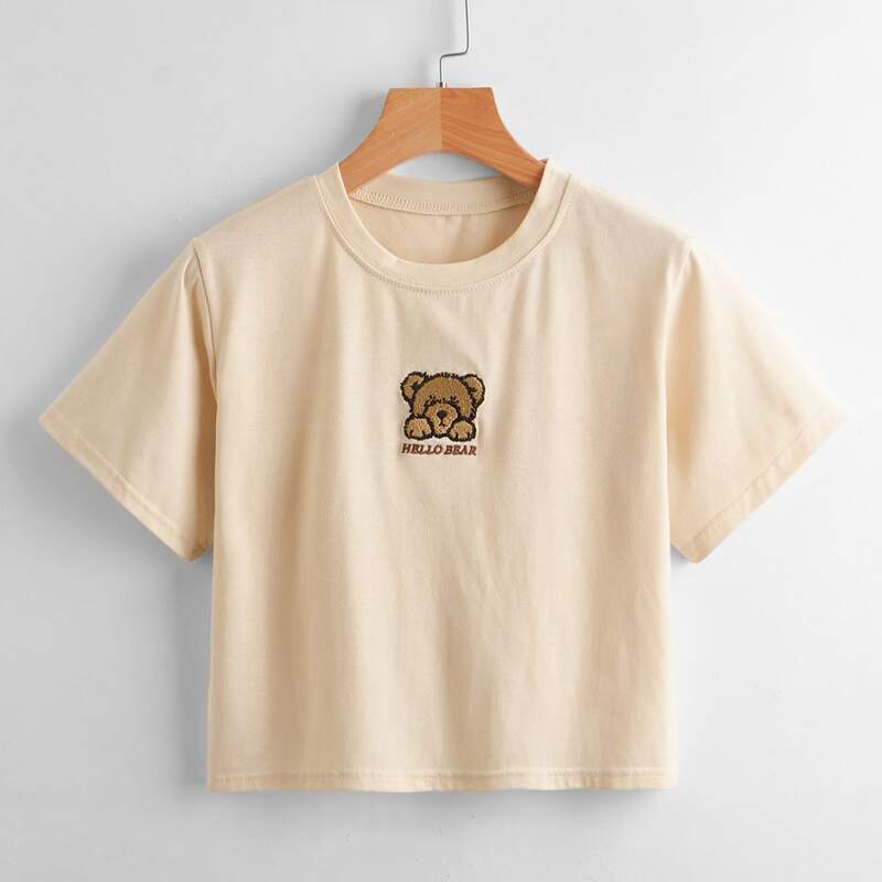 

Letter Cartoon Bear Embroidery Crop Tee, Beige