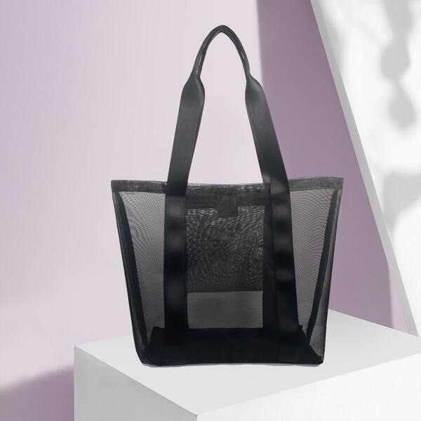 

Minimalist Mesh Panel Shoulder Tote Bag, Black