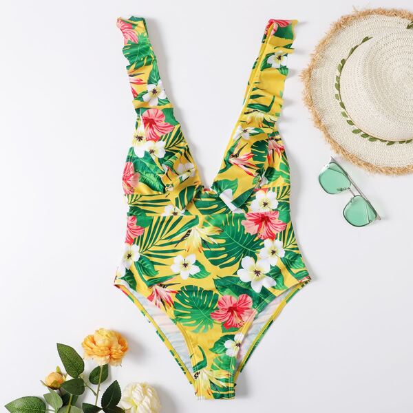 

Floral & Tropical Ruffle One Piece Swimsuit, Multicolor