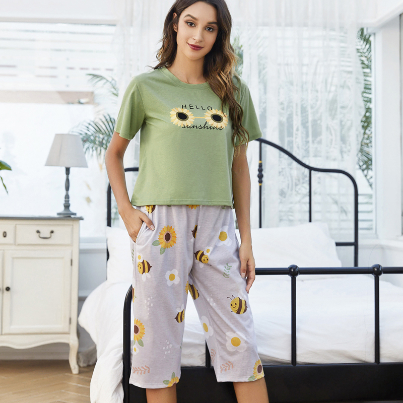 

Sunflower & Cartoon Graphic PJ Set, Multicolor