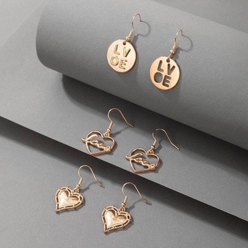 

3pairs Heart & Letter Design Drop Earrings, Gold