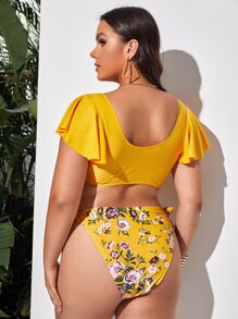 Conjunto de bikini con manga corta de talla grande con estampado floral, cordón delantero y nudo lateral para playa de verano - Amarillo - Ver 2
