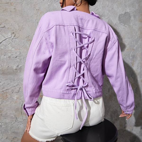 

Plus Lace Up Back Flap Pocket Denim Jacket, Lilac purple