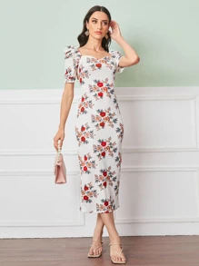 Modelyn Puff Sleeve Slit Back Floral Dress - White - View 1