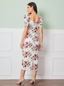 Modelyn Puff Sleeve Slit Back Floral Dress - White - View 2