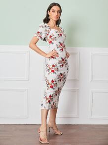 Modelyn Puff Sleeve Slit Back Floral Dress - White - View 3