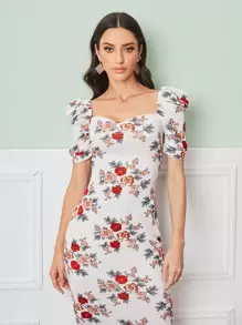 Modelyn Puff Sleeve Slit Back Floral Dress - White - View 5