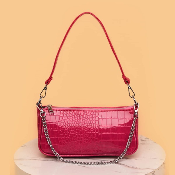 

Croc Embossed Chain Baguette Bag, Hot pink