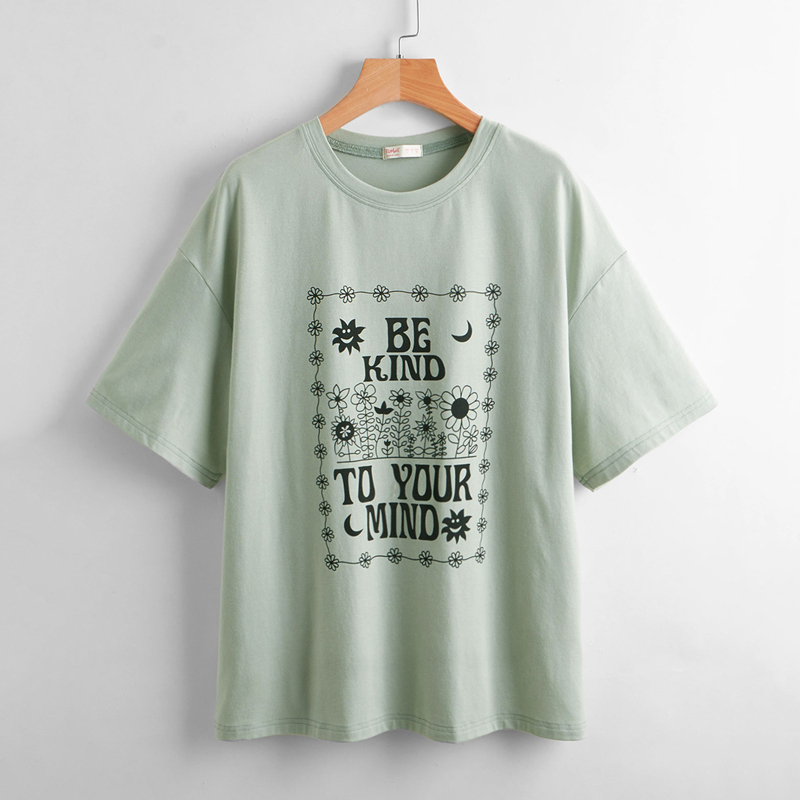 

Slogan Floral Graphic Tee, Mint green