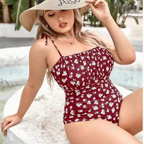 

Plus Ditsy Floral Tie Shoulder One Piece Swimsuit, Red