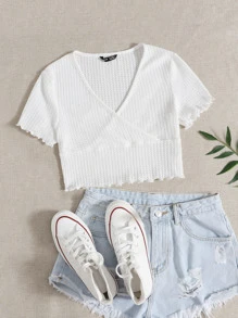 SHEIN Qutie Surplice Neck Lettuce Trim Tee - White - View 1