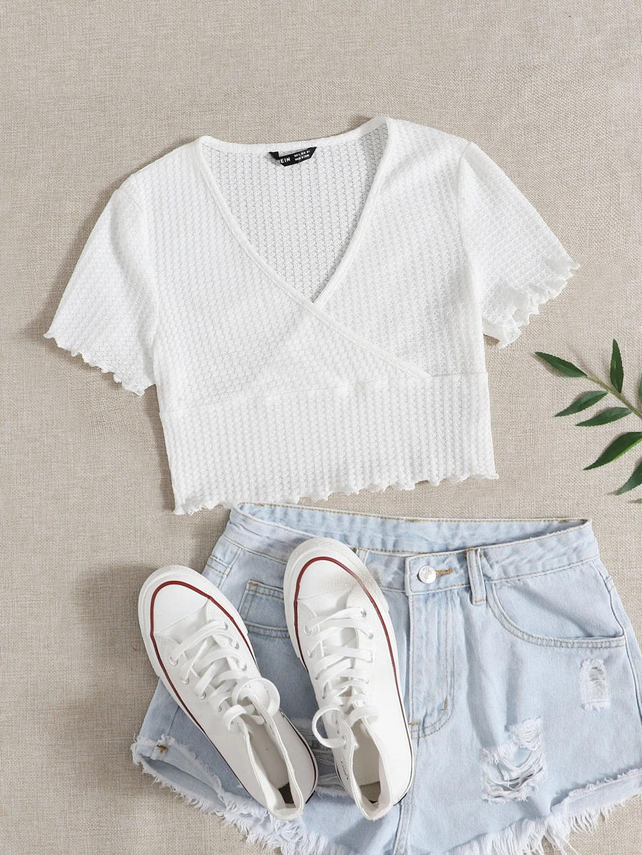 SHEIN Qutie Surplice Neck Lettuce Trim Tee - White - View 1