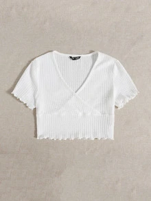 SHEIN Qutie Surplice Neck Lettuce Trim Tee - White - View 5