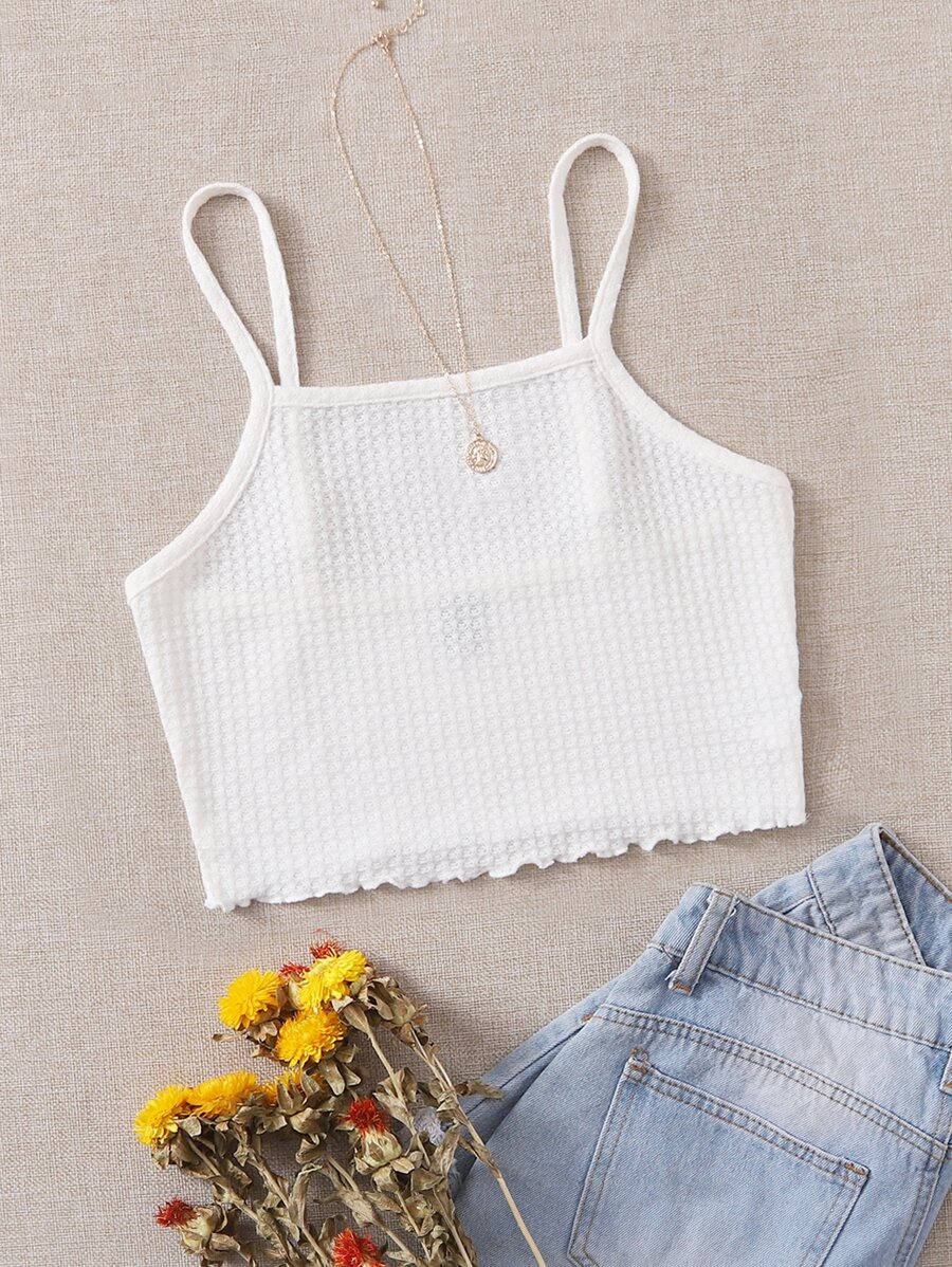 SHEIN EZwear Lettuce Trim Waffle Knit Cami Top - White - View 1