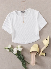 SHEIN EZwear Solid Waffle Knit Tee - White - View 1