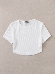 SHEIN EZwear Solid Waffle Knit Tee - White - View 3