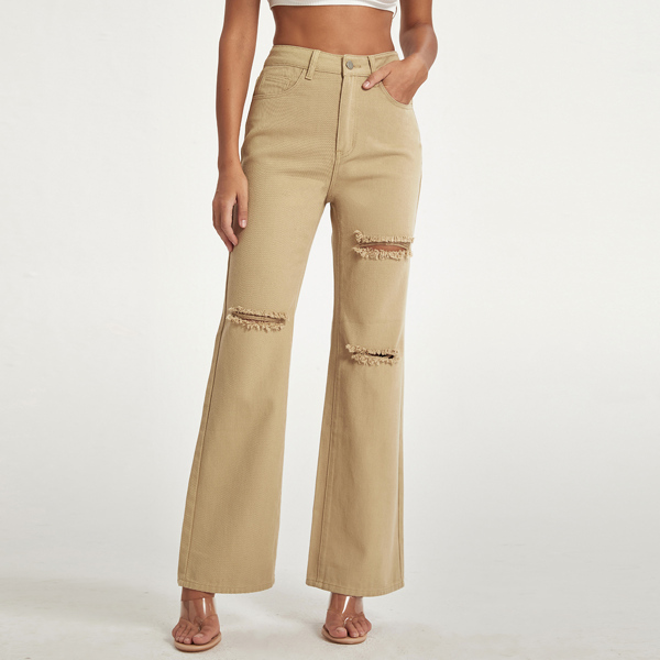 

High Waist Ripped Flare Leg Jeans, Khaki